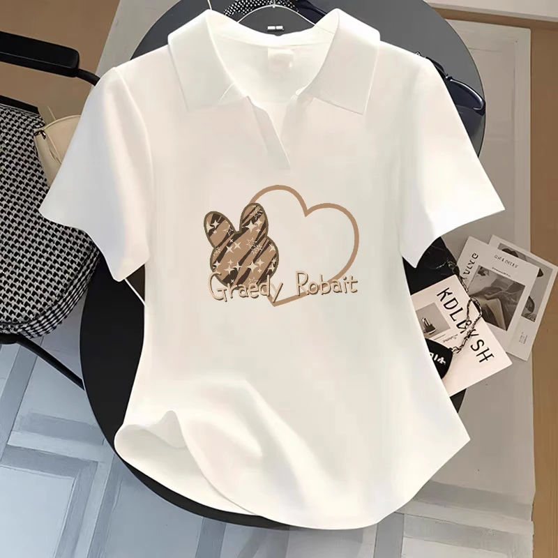 大码胖mm不规则圆弧下摆翻领短袖印花T恤女夏季韩版简约潮流上衣