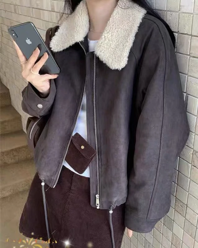 灰灰呀！B226 韩国馆 复古圈圈毛翻领百搭下摆抽绳麂皮羽绒服外套