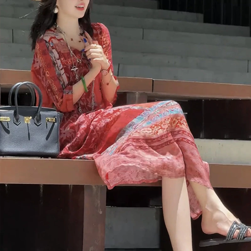 法式复古风红色绑带连衣裙女2025夏季新款长裙宽松显瘦洋气碎花裙