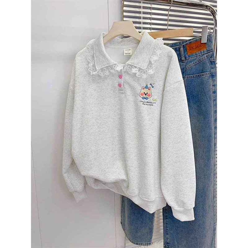 特大码200斤学院风宽松休闲polo领套头卫衣女春季新款百搭外套ins