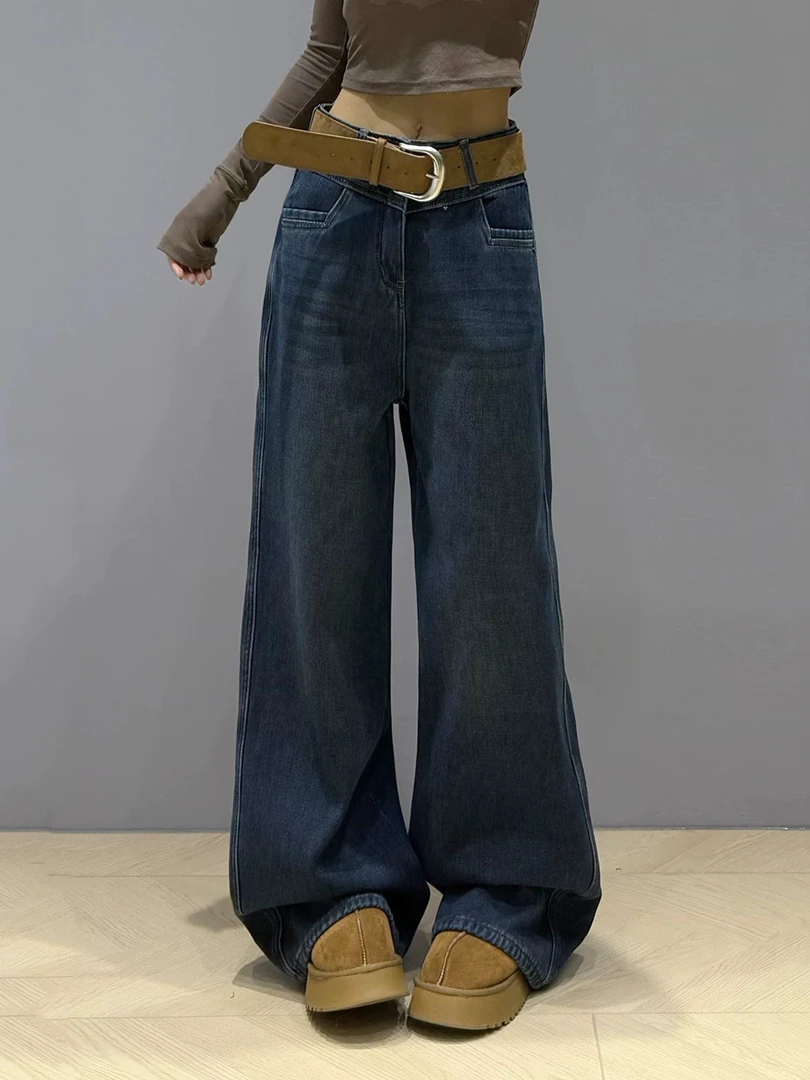 小卓 简约水洗牛仔裤冬季垂感阔腿裤宽松拖地裤362深361浅90357黑