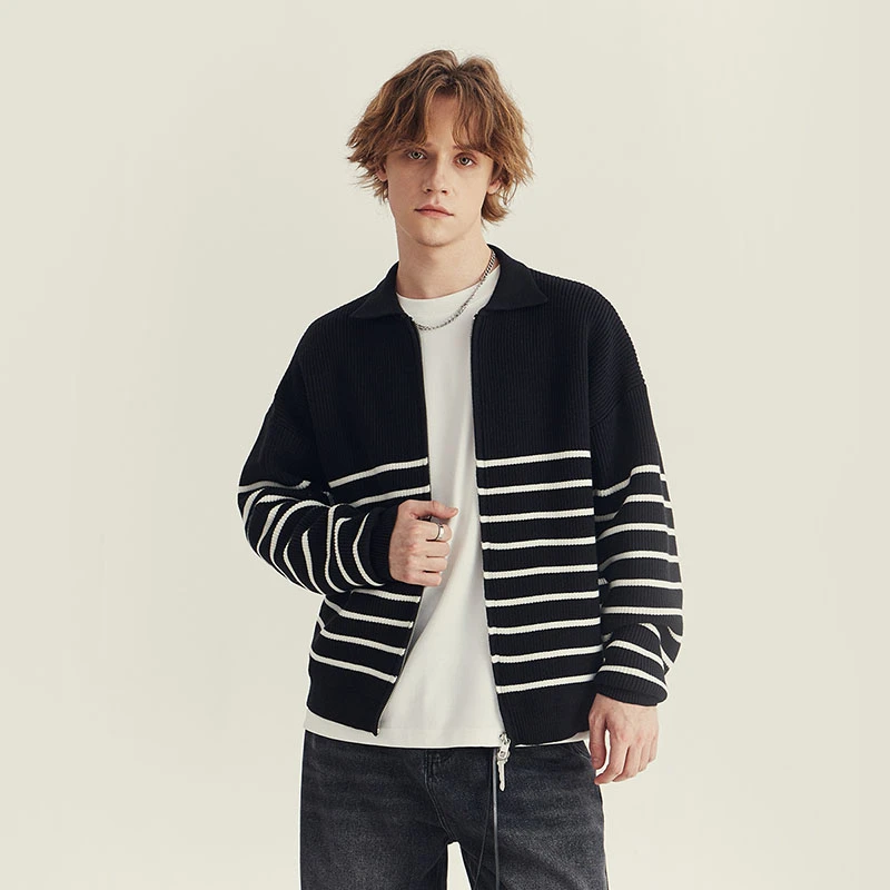 开衫毛衣男款秋冬高级宽松拉链翻领外套 条纹针织衫