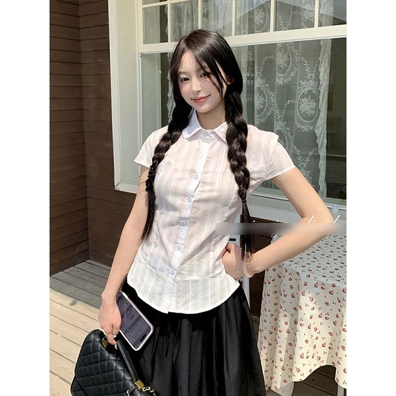 韩系少女感学院风甜美减龄两件套装Polo领短袖衬衫黑色半身短裙