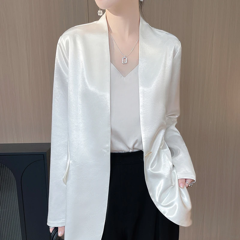 一粒无领常规款薄款醋酸气质职场休闲风小西装设计感长袖优雅缎面