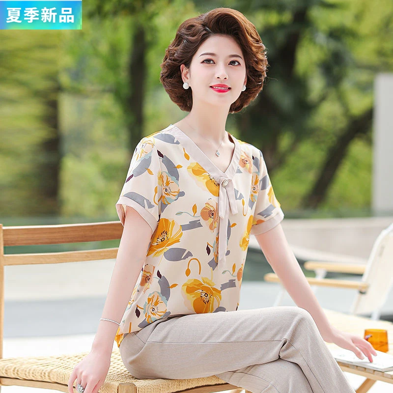 50岁妈妈夏装时尚短袖上衣套装2025新款中老年女夏天洋气雪纺透气