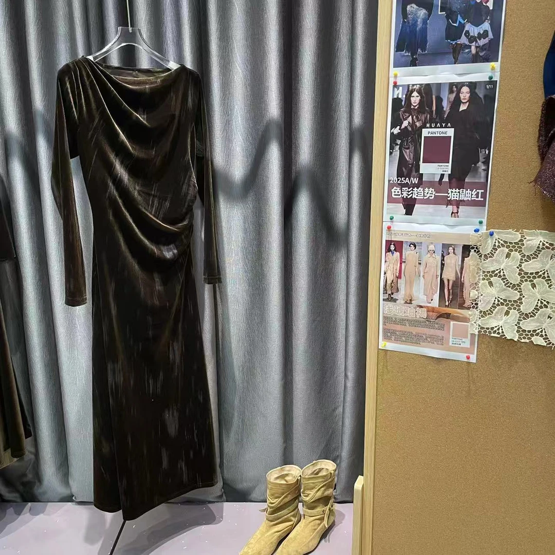 【一字领长袖丝绒】长裙春季荡领长袖连衣裙显瘦女装设计师轻奢