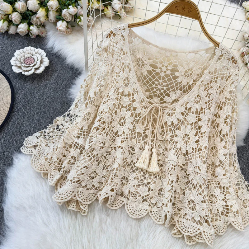 [352送系绳]夏季新款文艺复古百搭防晒罩衫针织罩衫刺绣外搭上衣