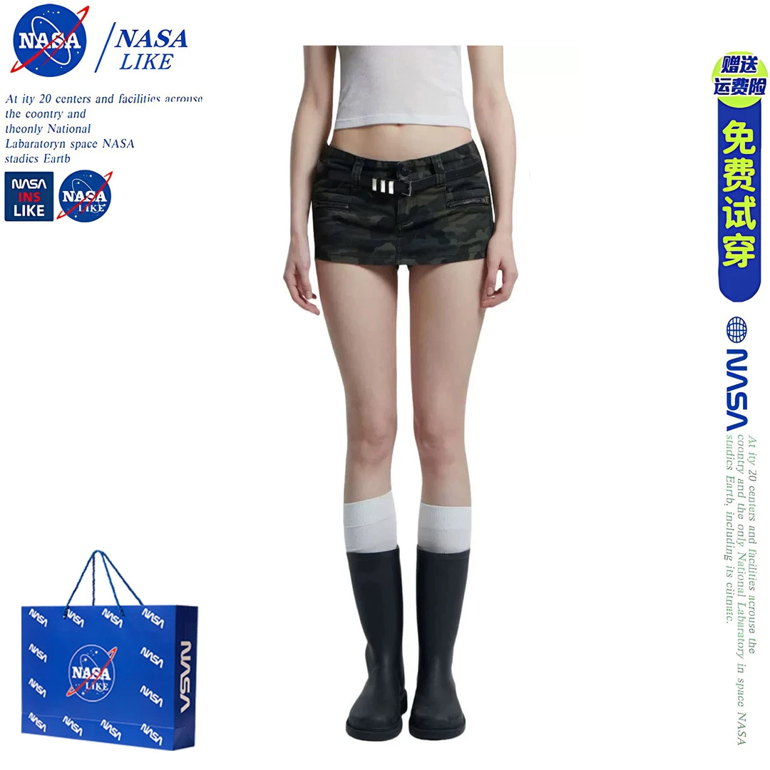 NASA美式迷彩低腰辣妹牛仔短裤女2025夏季新款修身设计感包臀裙裤