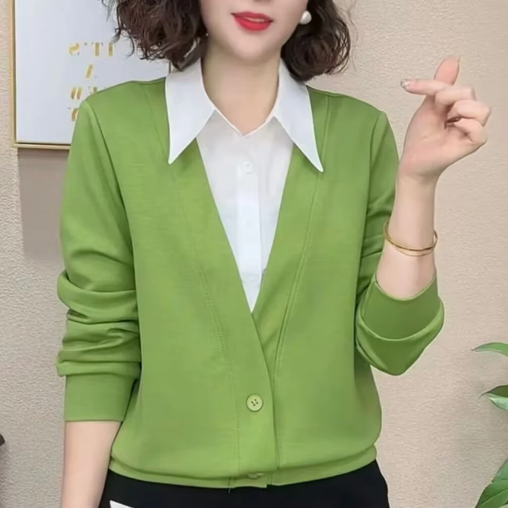 2025春秋新款时尚设计感气质休闲百搭洋气宽松假两件长袖上衣