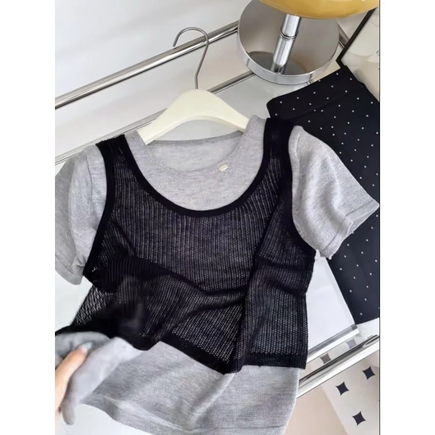 韩系简约风假两件短袖女2025夏季新款圆领高级感气质独特显瘦上衣