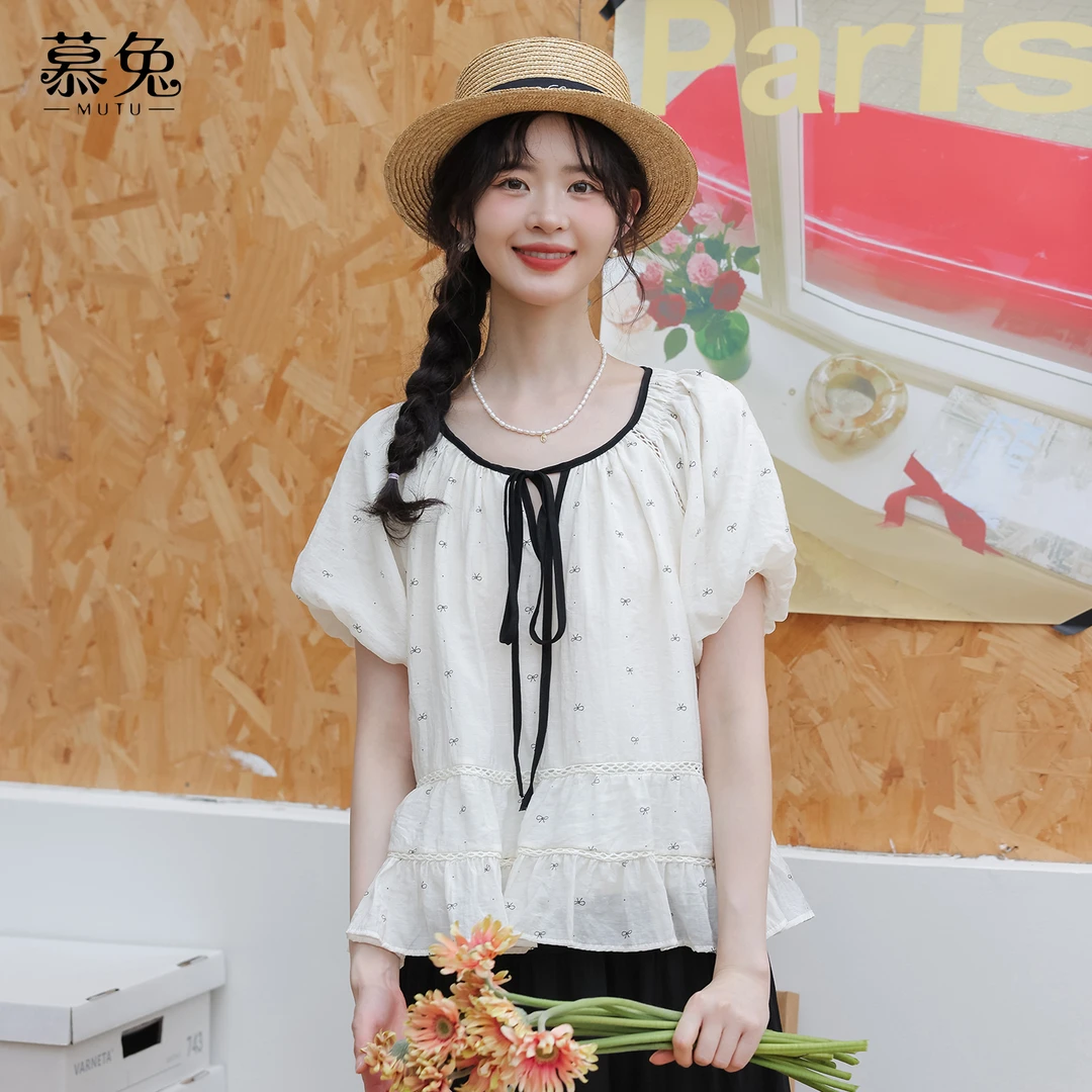【小铃铛】TU27701法式甜美系带蝴蝶结短袖衬衫设计感小众宽松上衣