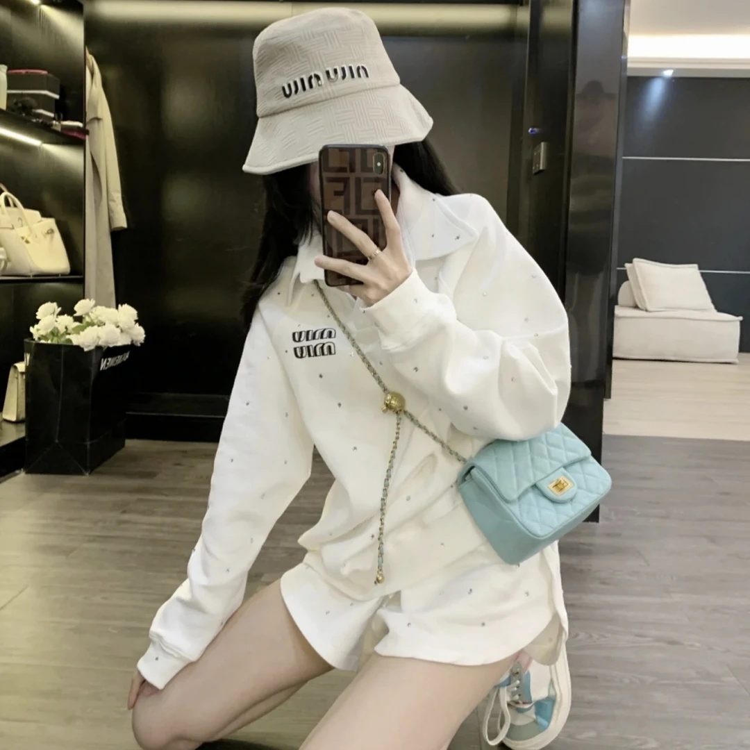 99新 MIU MIU/缪缪 白色水钻翻领 卫衣 xs