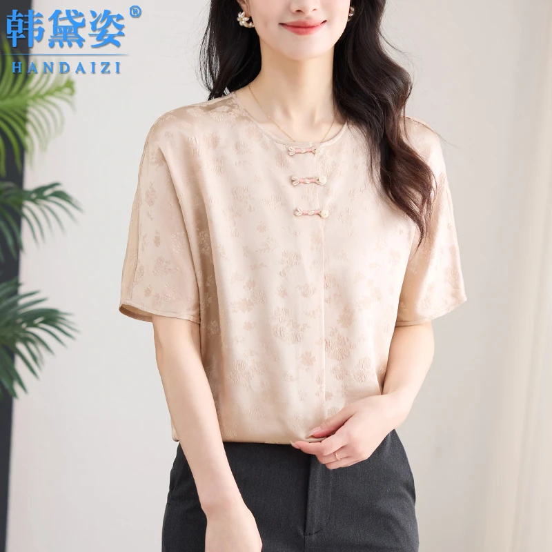 新中式国风冠乐绉真丝上衣女短袖2025夏季新款桑蚕丝时尚妈妈衬衫