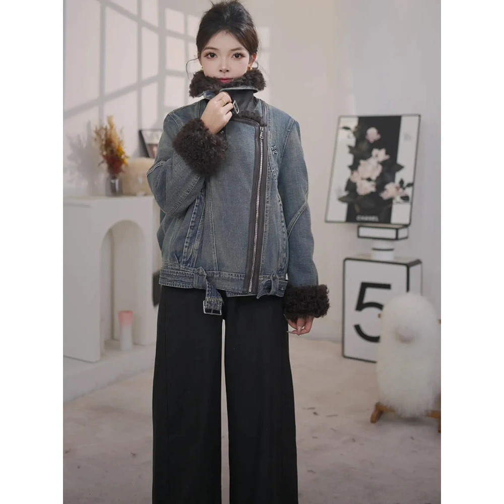 高品质机车款加厚牛仔外套女2025冬季新款气质大毛领拼接显瘦大衣