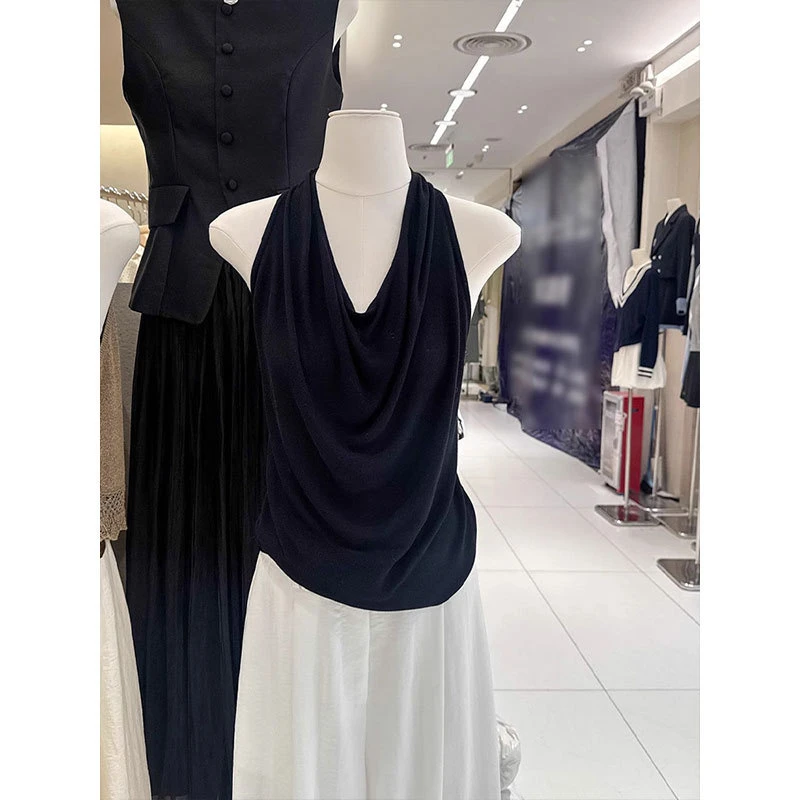 韩版百搭显瘦黑色露背吊带女夏季扭结挂脖收腰背心荡领无袖上衣薄