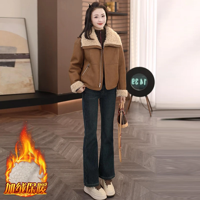 2024年冬季新款加绒加厚毛毛翻领短外套女时尚休闲百搭显瘦上衣潮