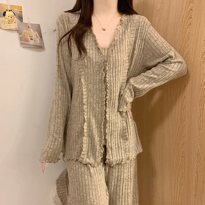 睡衣女款春秋季长袖纯欲棕色女士韩版条纹纯色高级感两件套家居服