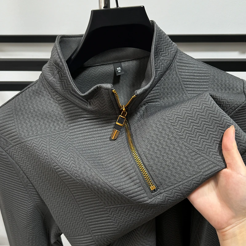 CATIA SELI半高领卫衣男士时尚提花长袖T恤春秋休闲宽松立领上衣