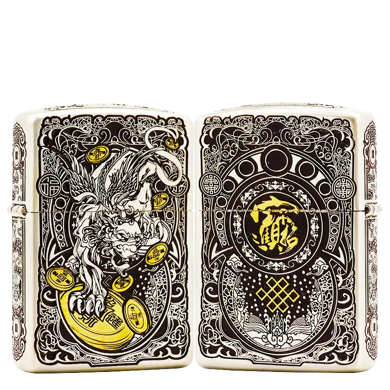 ZIPPO/之宝打火机错金银盔甲【招财貔貅】正品煤油打火机DYJ1