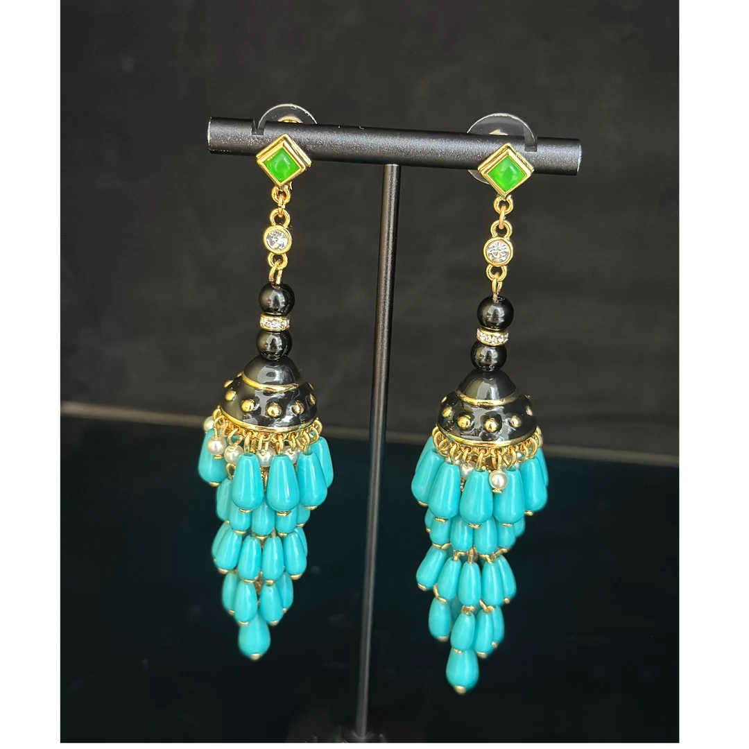 铜合金树脂耳饰 蓝色气质扫肩长款流苏底油耳针耳钉