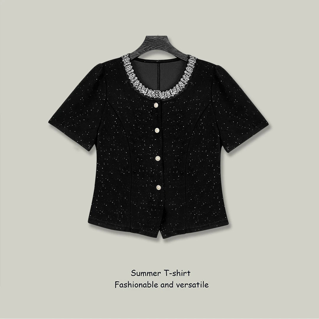 短袖T恤女2025夏季新款满印撒银纽扣立体装饰设计感显瘦气质上衣
