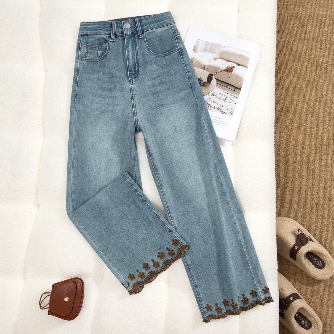 冰河蓝休闲2025女开叉牛仔裤蓝色裤子高腰微弹时尚百搭显瘦直筒裤