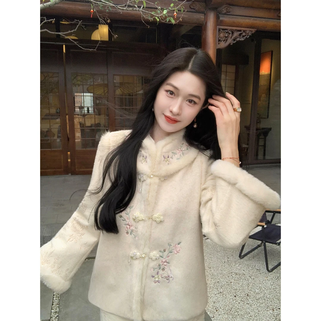 凌茜恣禾【雅叙】新中式毛呢绣花马甲女秋冬国风拼接毛毛保暖背心