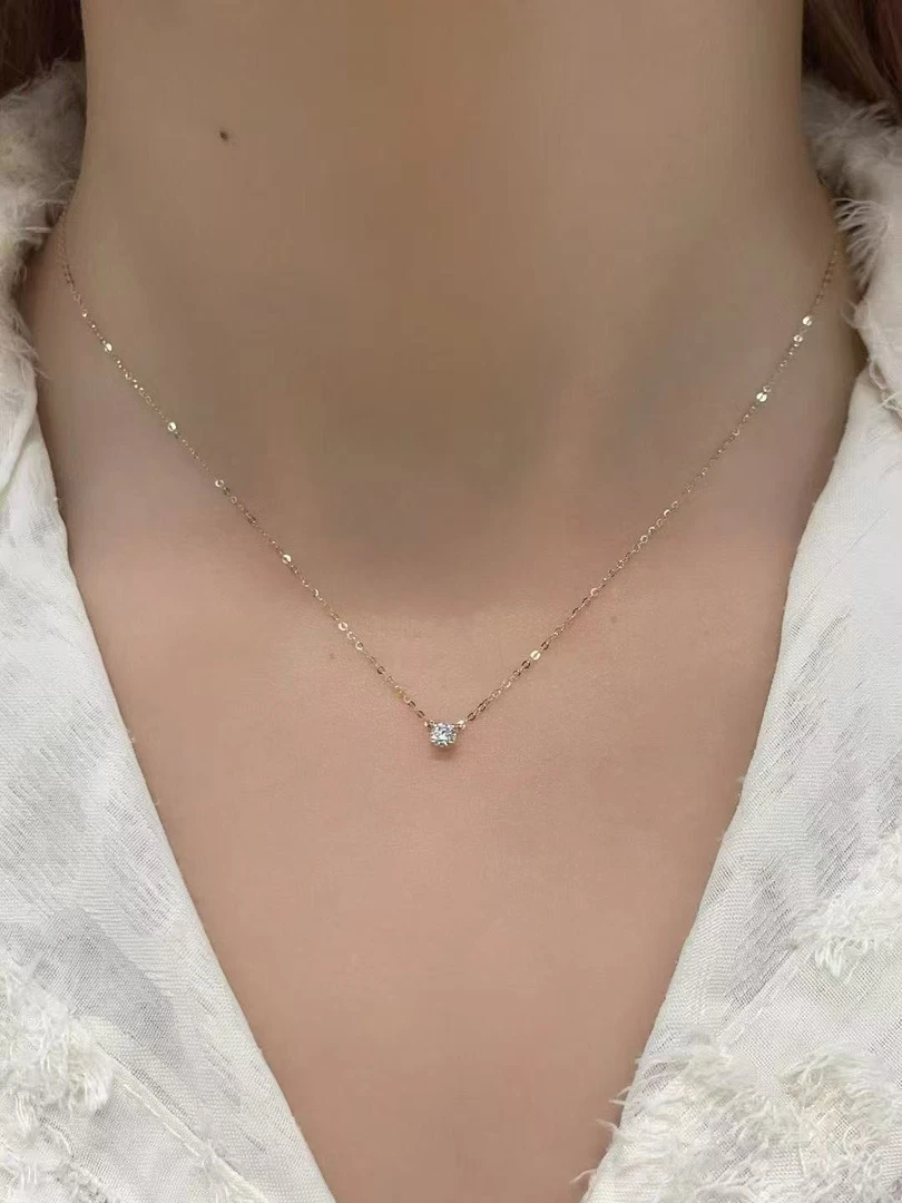 18k金镶嵌天然钻石独钻15分四爪小鼻嘎项链套链BG