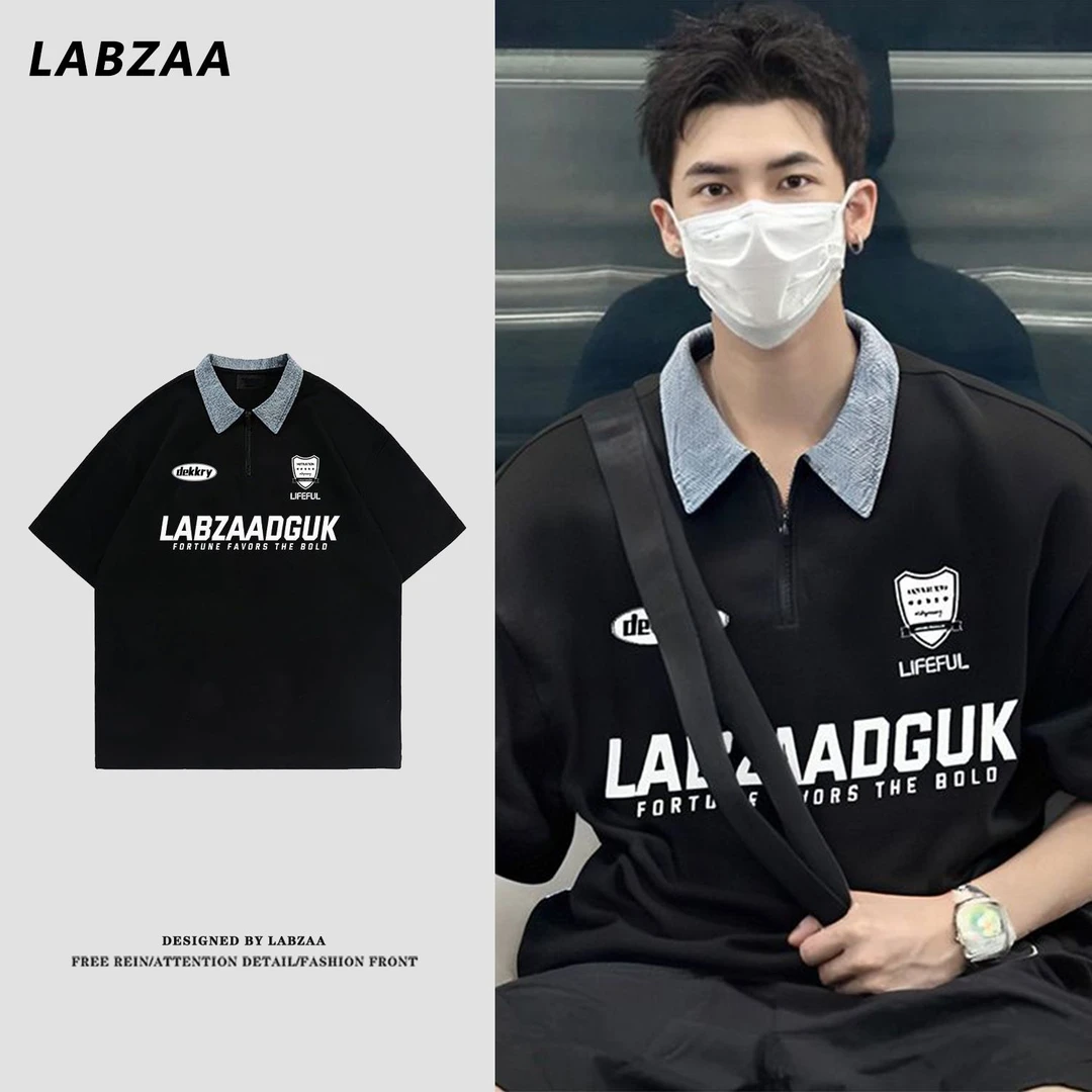 labzaa美式潮牌字母印花牛仔翻领短袖男女夏季宽松纯棉Polo衫上衣