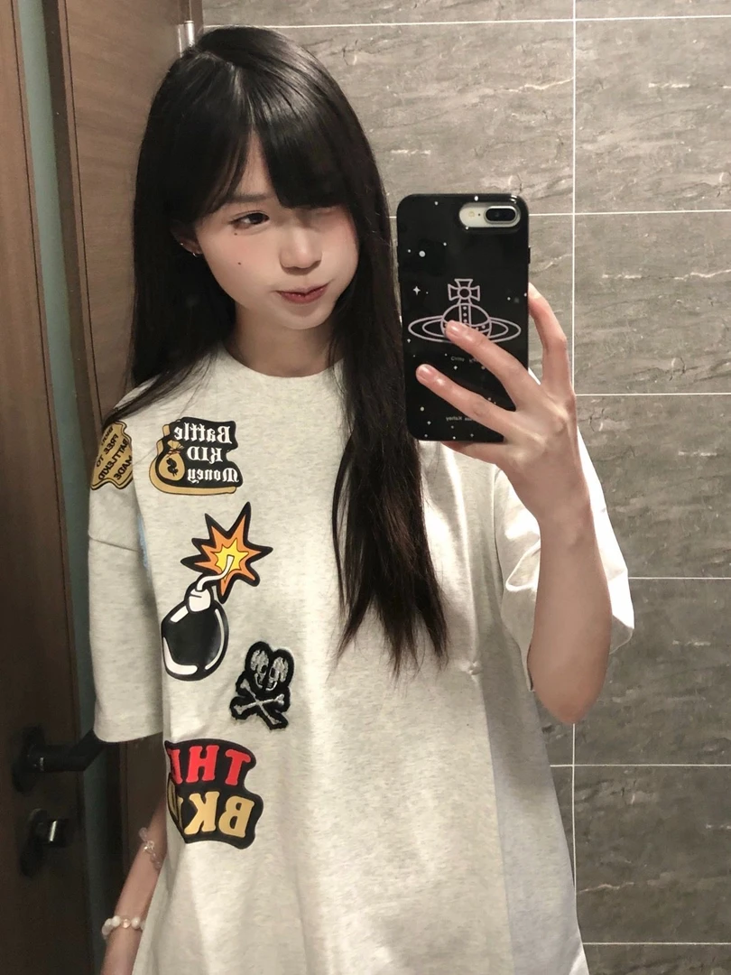 美式复古重工徽章刺绣纯棉短袖T恤女2025新款高级感宽松灰色短袖