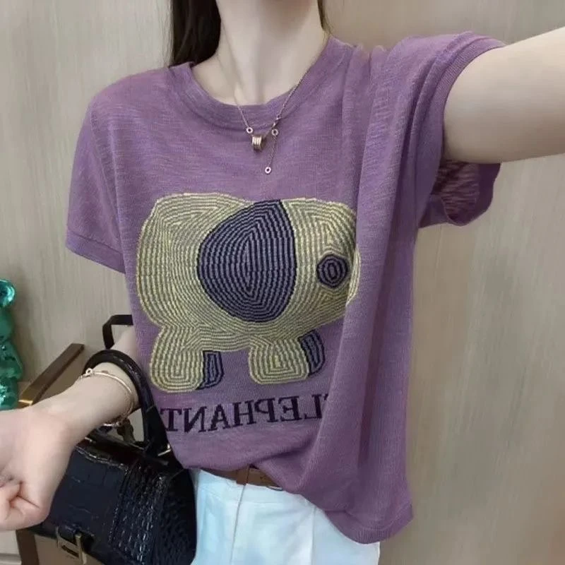 大码200斤竹节棉短袖T恤女2025新款夏季大象图案减龄圆领透气上衣