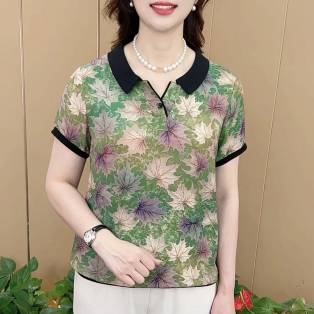 夏季新款时尚翻领洋气印花气质妈妈装休闲百搭薄款短袖上衣K507