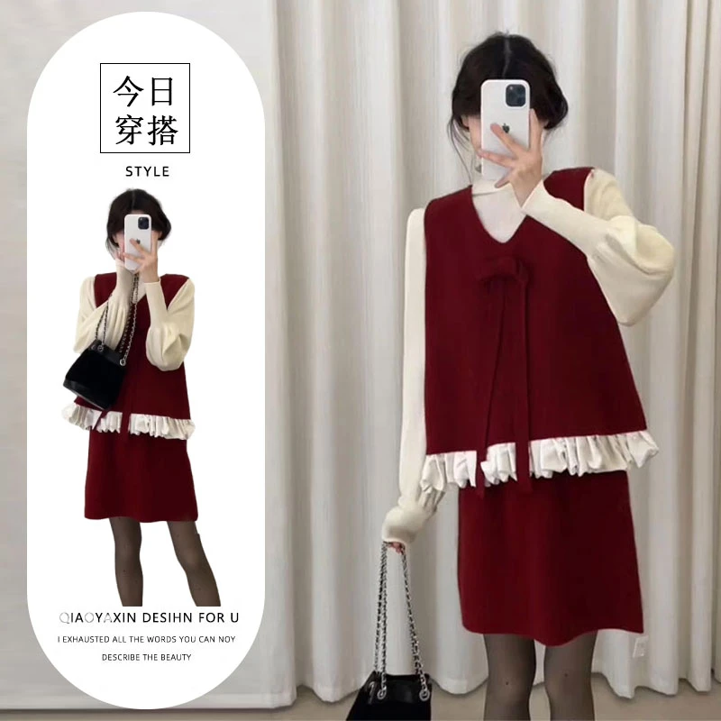 韩系氛围感穿搭套装秋冬季立领打底衫拼接无袖马甲高腰短裙三件套