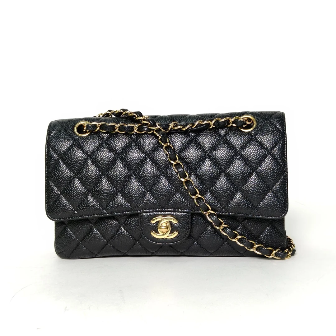 95新 Chanel/香奈儿 双攀-CF口盖包 中号 黑色 荔枝皮 21开 金扣