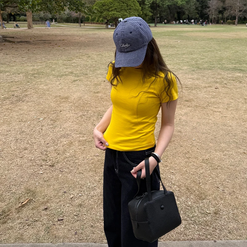 橘子树在哪儿设计感小众正肩收腰显瘦上衣女春夏黄色圆领短袖t恤