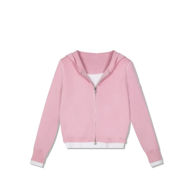 『舒适游行』早春拼接假两件连帽拉链针织衫时尚休闲纯色毛衣上衣女