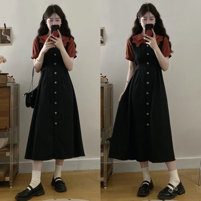 大码女装春夏季新款法式复古双层娃娃领假两件学院风连衣裙显瘦