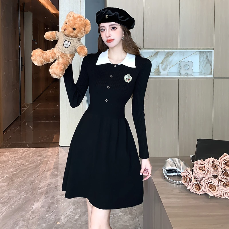 【现货】高级感法式小香风女针织连衣裙小个子收腰显瘦气质小黑裙