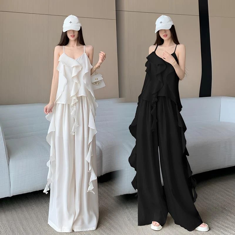 时尚套装女纯欲风V领不规则吊带上衣夏季气质宽松慵懒休闲阔腿裤