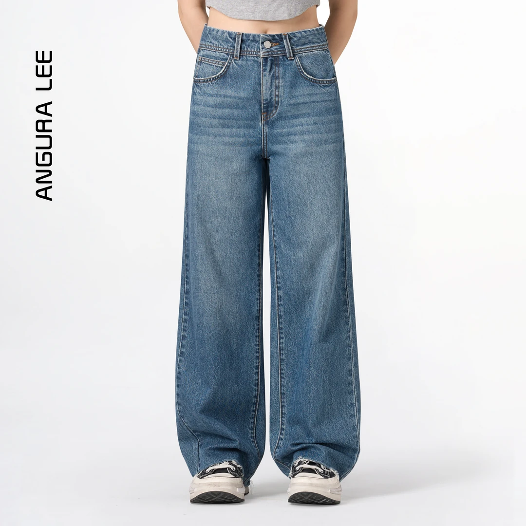 Angura Lee早春欧若风复古百搭显瘦高腰窄版直筒散边阔腿牛仔裤