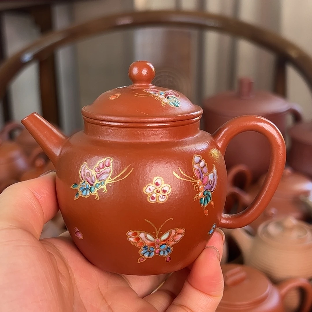 茶壶紫砂精品原矿朱泥珐琅彩描金高仕120cc左右微瑕介意勿拍