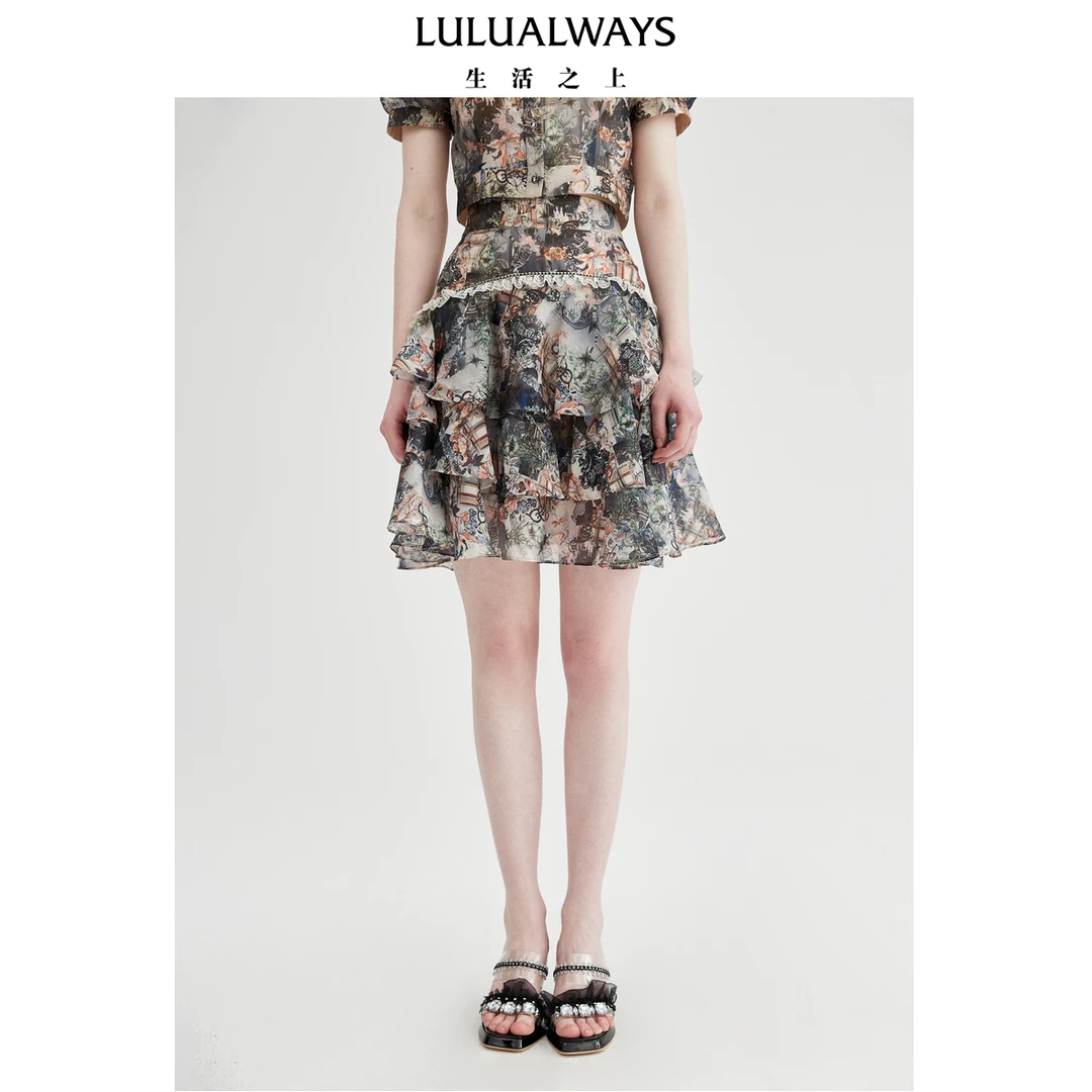 LULUALWAYS【商场同款】25夏季新款气质高腰显瘦层叠荷叶边半身裙