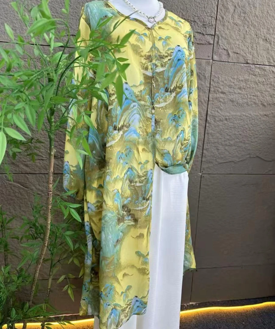 732新款千里江山国风山水画常规女士印花长款上衣女