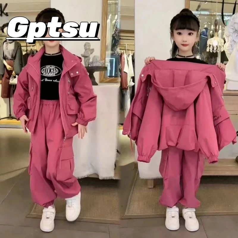 GPTSu女童韩版连帽冲锋衣运动套装春秋款网红小女孩工装裤两件套