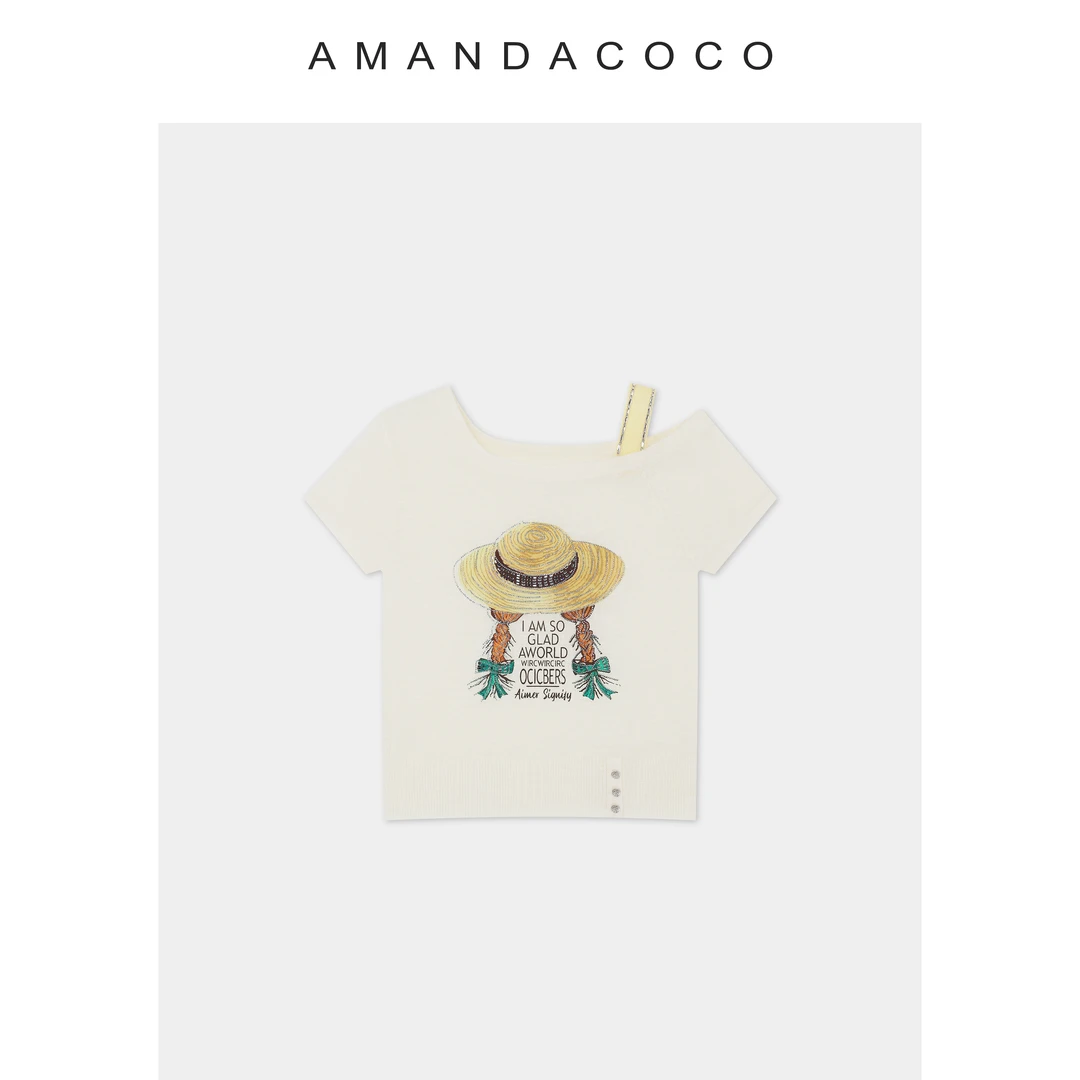 静静丨午后悠然～薄款烫钻草帽字母刺绣露肩短袖针织衫