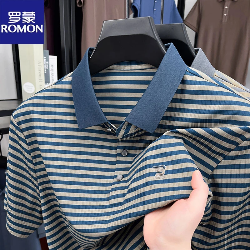 罗蒙2025夏季新款短袖t恤男士撞色条纹休闲翻领POLO衫上衣爸爸装