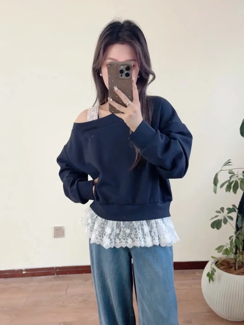 卫衣露肩拼接花边假两件上衣