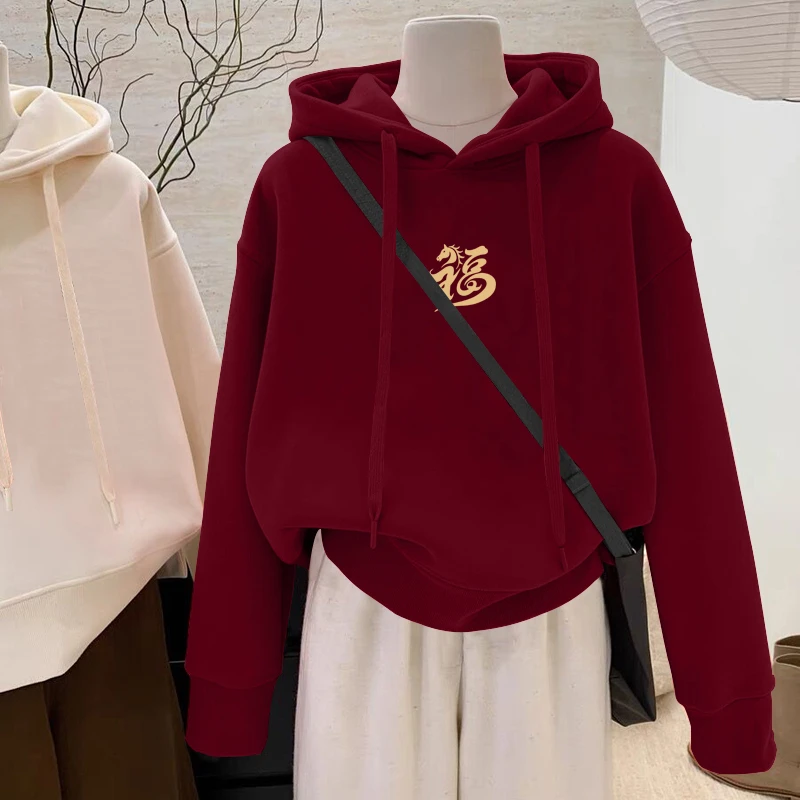 设计感小众秋冬新款2026加绒套头红色连帽卫衣女短款宽松韩版外套