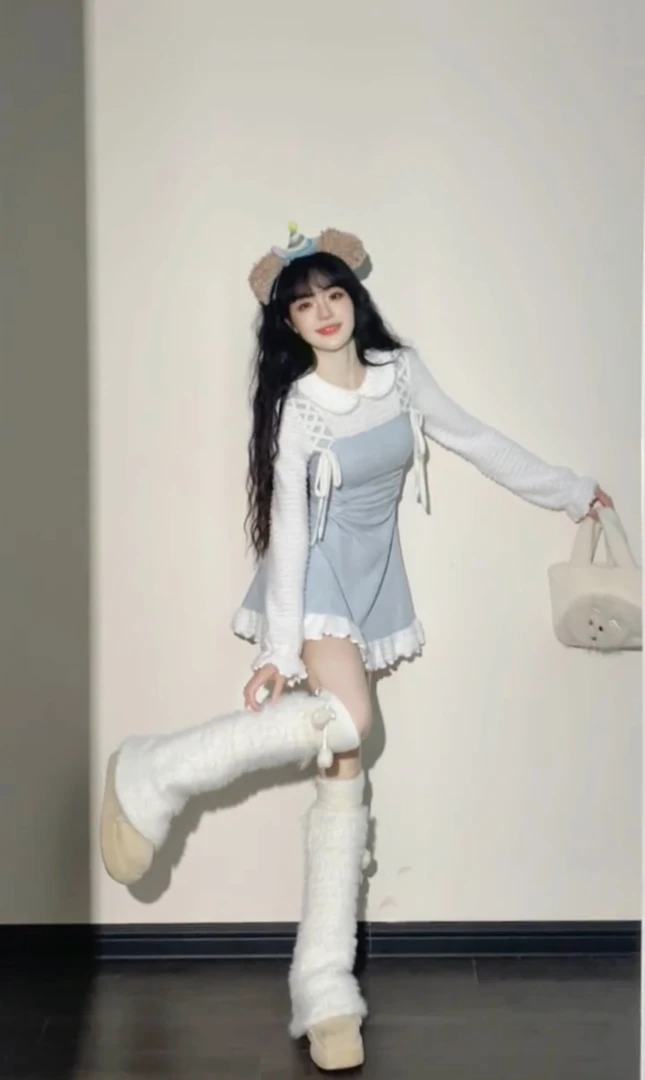 2024春秋新款针织木耳边假两件气质连衣裙高级感显瘦收腰长袖裙子