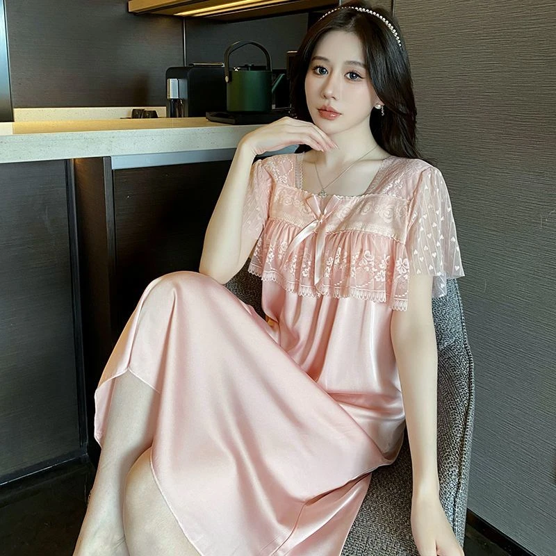 带胸垫的睡衣女夏季冰丝性感蕾丝睡裙带胸垫网红高档家居服可外出